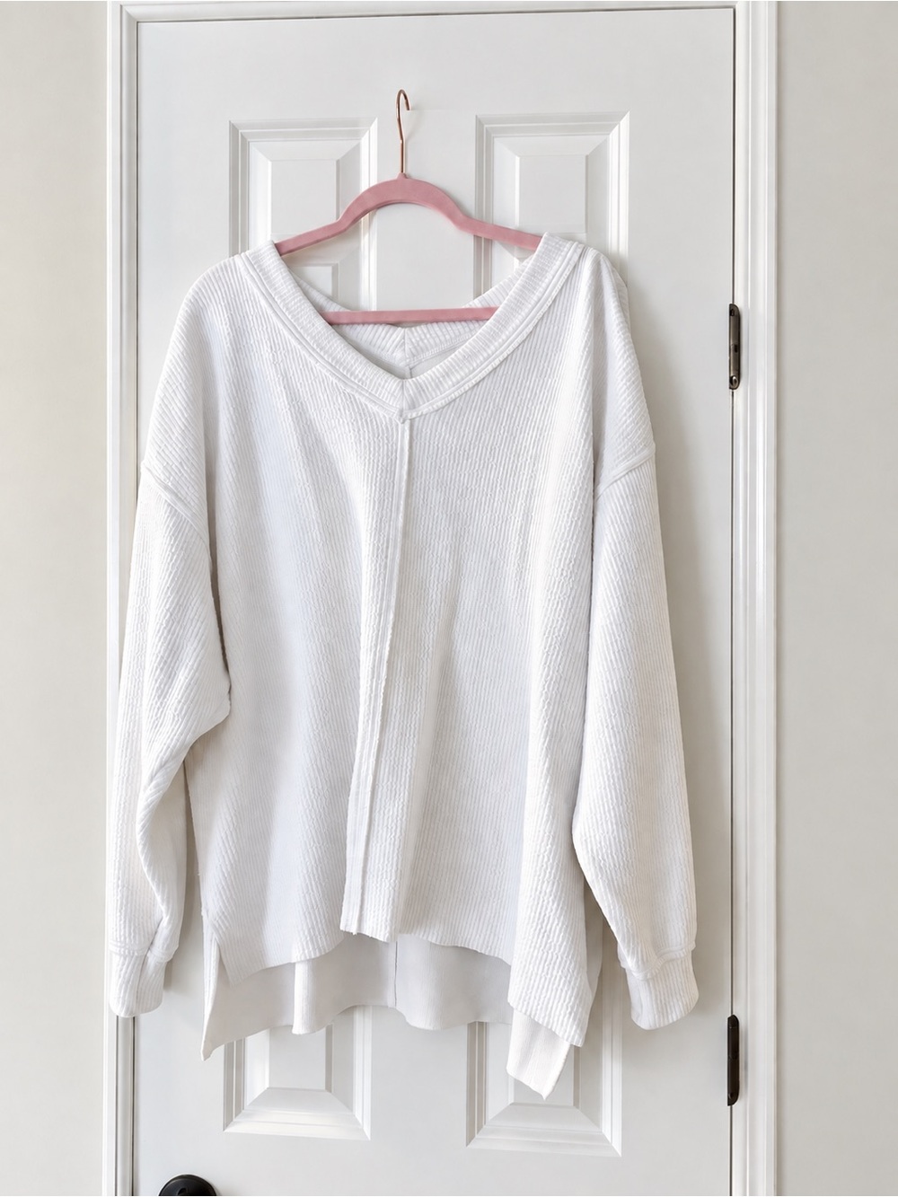 Aerie Wonder Textured Oversized V-Neck Waffle Sweatshirt White L